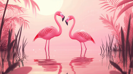 Fototapeta premium Two pink flamingos in harmonious pose near tranquil water at sunset