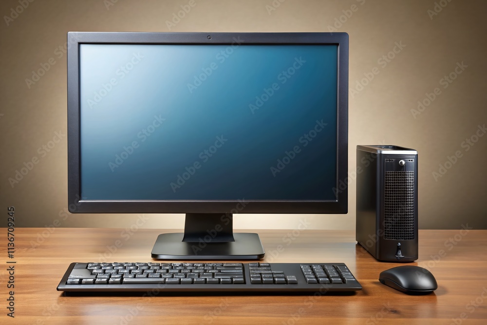 Poster vintage style photography of a sleek black modern desktop pc setup with monitor and keyboard, ideal 