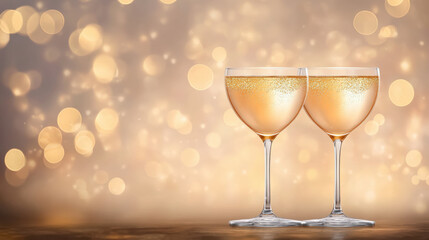 Two elegant champagne glasses filled with bubbly, set against a beautifully blurred background of golden lights, evoke a celebratory and festive atmosphere.