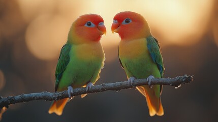 Obraz premium Colorful parrots perched on a branch during sunset in a warm, vibrant environment