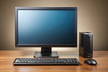 Fototapeta premium Vintage Style Photography of a Sleek Black Modern Desktop PC Setup with Monitor and Keyboard, Ideal for Tech and Work From Home Concepts with Ample Copy Space on Monitor Screen