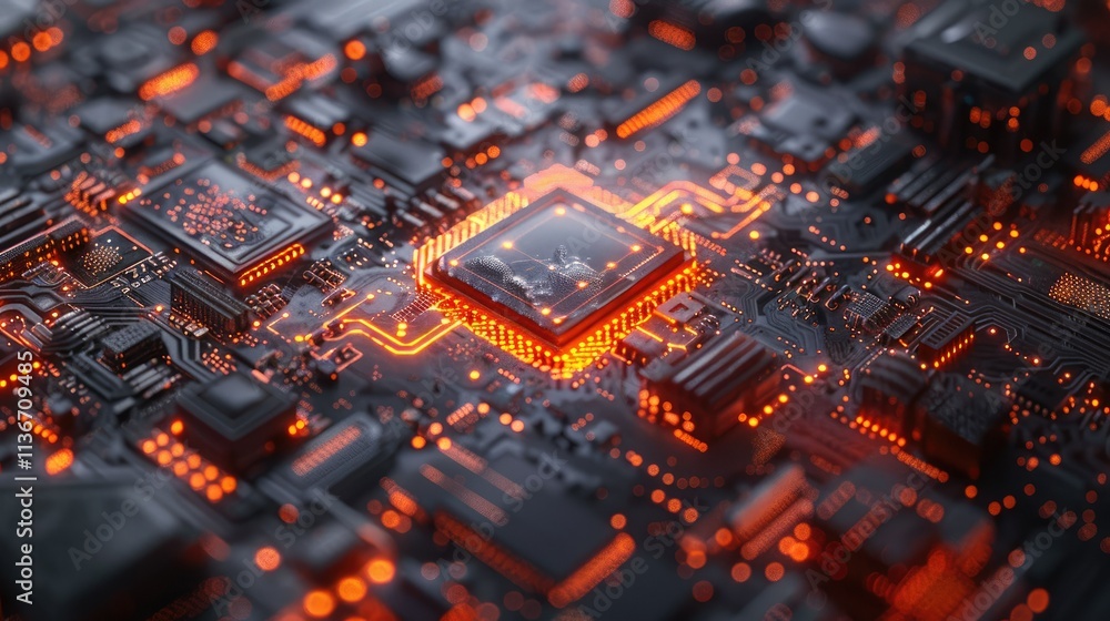 Poster a close-up view of a circuit board illuminated with orange lights, showcasing technology.