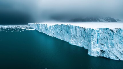 Towering glacier cliffs lit by vibrant storm clouds, severe weather meeting icy calm, showcasing natures epic beauty and power