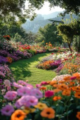 Obraz premium Vibrant garden path lined with blooming flowers in a serene landscape during springtime