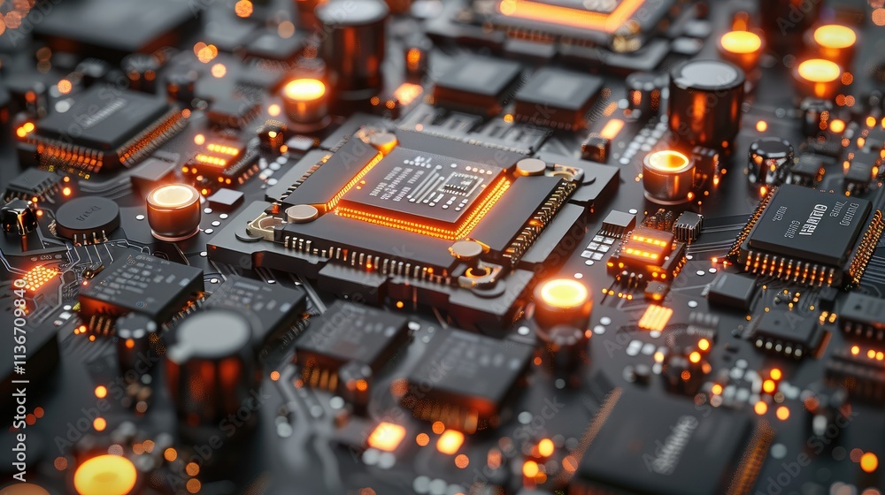 Poster a close-up view of a complex circuit board with glowing components and chips.