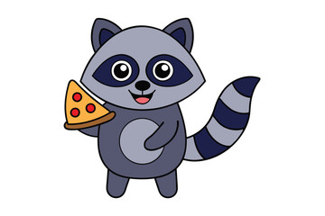 A smiling raccoon holding a piece of pizza, vector illustration. vector
