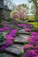 Obraz premium Vibrant garden path lined with blooming flowers in a serene landscape during springtime