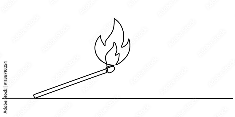 Poster Continuous one line drawing of burning match. simple burning match stick line art vector illustration. Editable stroke, one continuous line drawing of match sticks.one line drawing of burning wooden. 