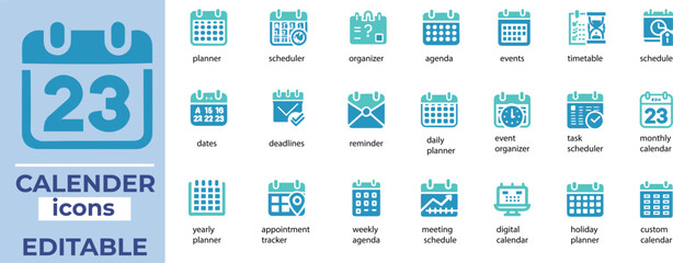 Editable Calendar Icon Vector Set Planner, Scheduler, Organizer Icons Perfect for Events, Deadlines and Timelines