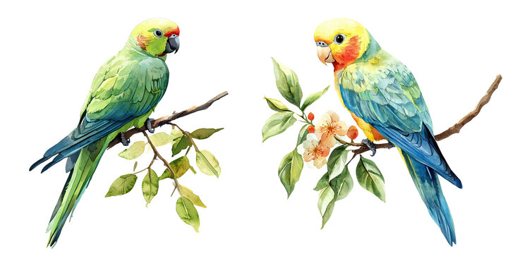 Two colorful parrots perched on branches, surrounded by vibrant leaves and flowers, showcasing their vivid plumage and playful demeanor.