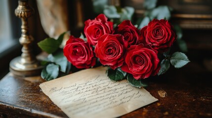 Romantic setting with red roses and a handwritten letter on a bed of green leaves