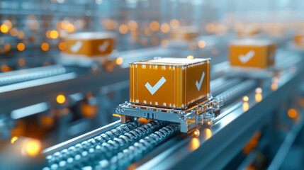 Orange boxes with checkmarks move along automated conveyor belts in a futuristic warehouse setting, signifying efficient and streamlined logistics operations.