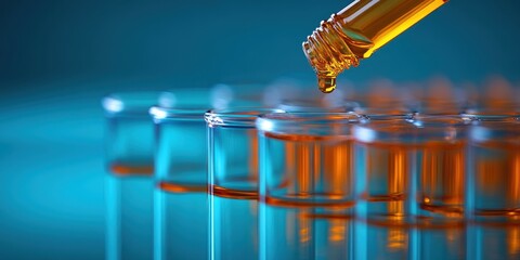 Transparent test tubes filled with colorful liquids. Laboratory equipment used for scientific research. Clean and sterile environment for medical experiments