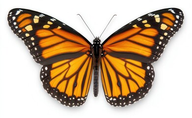 Fototapeta premium A close-up of a Danaus chrysippus butterfly, set against a white background, viewed from above
