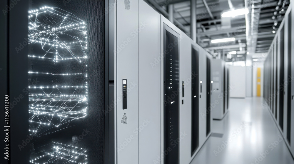Poster data center with illuminated server racks showcasing advanced technology and futuristic design in a 