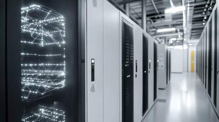 Data center with illuminated server racks showcasing advanced technology and futuristic design in a modern facility