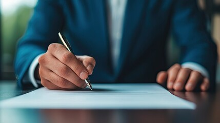 Fototapeta premium A professional individual in a suit writes on a blank piece of paper with a pen, emphasizing focus and attention to detail.