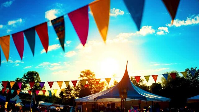 Colorful festival flags fluttering in the warm golden glow of a summer sunset
