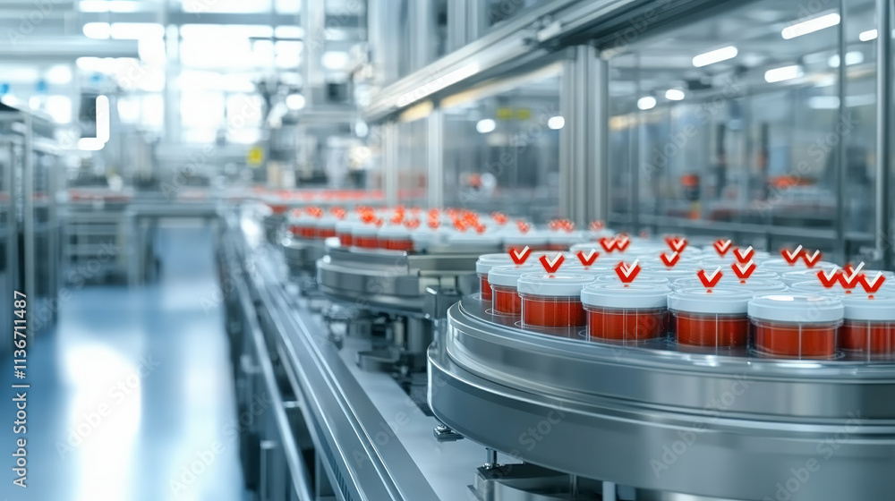 Poster a modern factory production line with numerous containers of red product, marked with checkmarks, ad