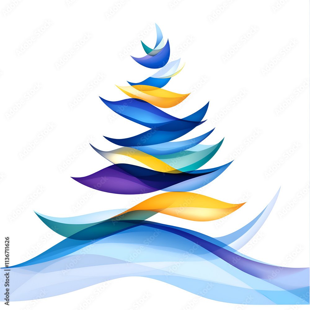 Poster a stylized, abstract representation of a tree made with flowing, colorful waves in a gradient of blu