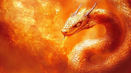 A majestic dragon illustration perfect for fantasy themes, the Year of the Snake celebrations, or gripping storytelling visuals, featuring vibrant warm colors and ample text space.