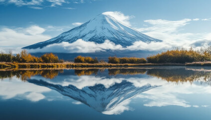 A panoramic view of the mountain peak reflected in still waters, creating an enchanting and majestic scene