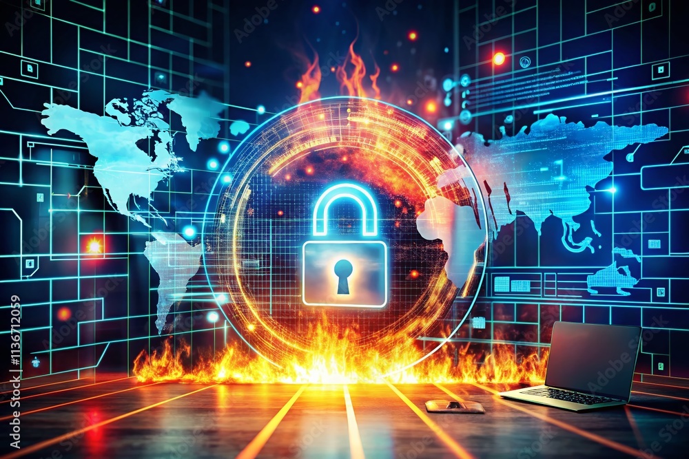 Poster vintage style photography of cyber security concept, showcasing a digital information network protec