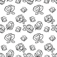 line art flowers seamless pattern black on white background