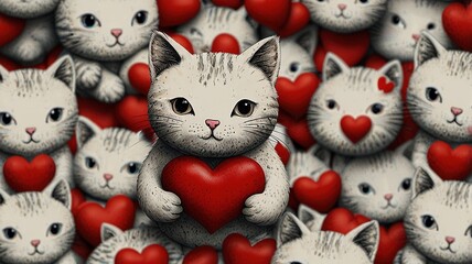 Cat Hugging Red Hearts - Valentine's Day Illustration