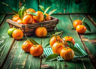 Vintage Style Photography of Fresh Long Shot Orange Mandarins on Green Table with White Stripe for a Nostalgic Fruit Display Aesthetic