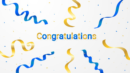 Blue And Gold Congratulations Text On White Background With Confetti, Ribbons. Celebration Wallpaper. Vector Illustration