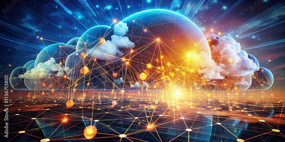 Poster vintage style photography of global business cloud computing and big data information technology con
