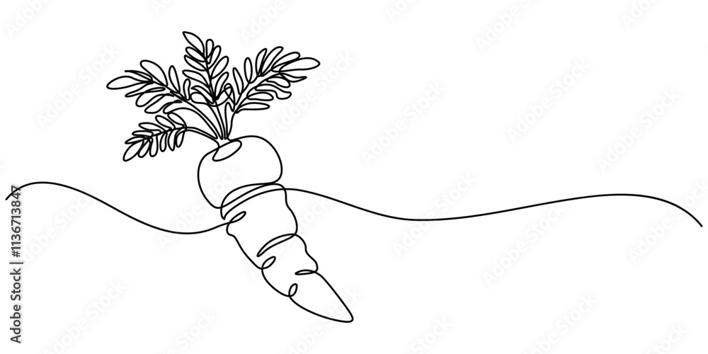 Poster Continuous one line drawing of isolated carrot outline vector art illustration, Simple carrot in continuous one line art drawing design, Growing carrot plant minimalist outline vector, one line draw 
