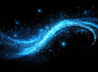 Glowing blue particles swirl on black background.