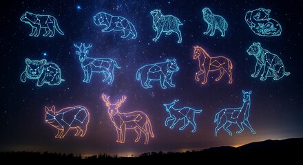 A starry night sky with constellations shaped like animals, glowing in fluorescent colors.