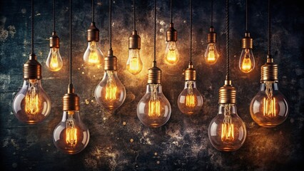 Vintage Style Photography of Illuminated Light Bulbs Against a Dark Grey Textured Background, Capturing the Warmth and Ambiance of Retro Lighting Design