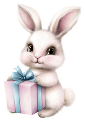 Obraz premium PNG A cute rabbit holding a pastel gift box, featuring large expressive eyes and prominent ears, conveying a playful and whimsical charm.