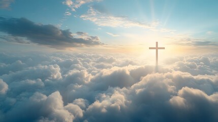 Heavenly Cross Above Soft Clouds In Sunset