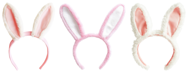 PNG Three pairs of bunny ears in various styles, featuring pink and white colors, designed for festive or playful occasions.