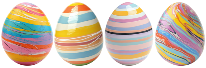 PNG Colorful, decorated eggs featuring vibrant stripes in various pastel shades.