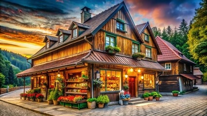 Obraz premium Vintage Style Photography of Lewiatan Grocery Store in Karpacz, Poland, Capturing the Essence of Small-Town Life in August 2024