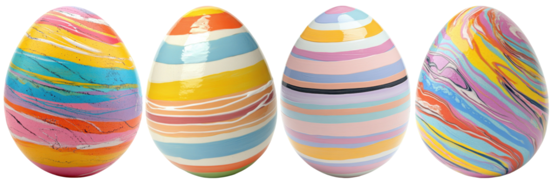 PNG Colorful, decorated eggs featuring vibrant stripes in various pastel shades.