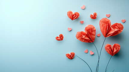 A blue background with a bunch of red hearts