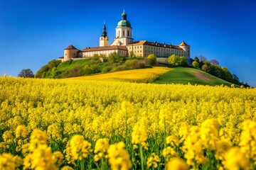 Vintage Style Photography of Pannonhalma Archabbey Surrounded by Vibrant Canola Fields in Springtime, Hungary – A Scenic Landscape Capturing Nature's Beauty