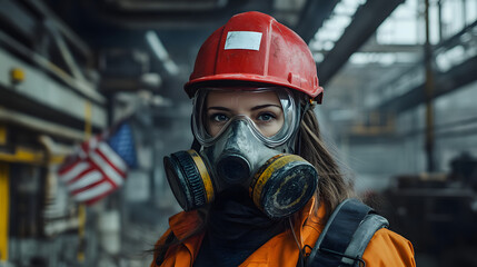Naklejka premium A woman adorned in a vibrant red helmet and protective gas mask stands confidently in a hazardous work environment. Her sturdy attire hints at the dangerous nature of her surroundings. 