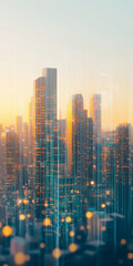 Fototapeta premium A futuristic cityscape at sunset, with tall skyscrapers illuminated by vibrant lights, creating a digital atmosphere with a blend of technology and urban life.
