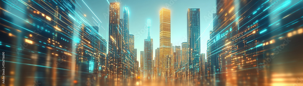 Poster a futuristic cityscape with glowing skyscrapers and blurred light trails, creating a dynamic and vib