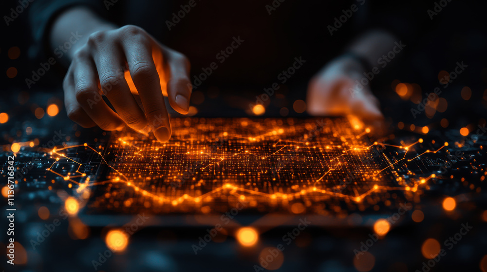 Poster hands interacting with a tablet displaying glowing data visualization in a darkened environment at n