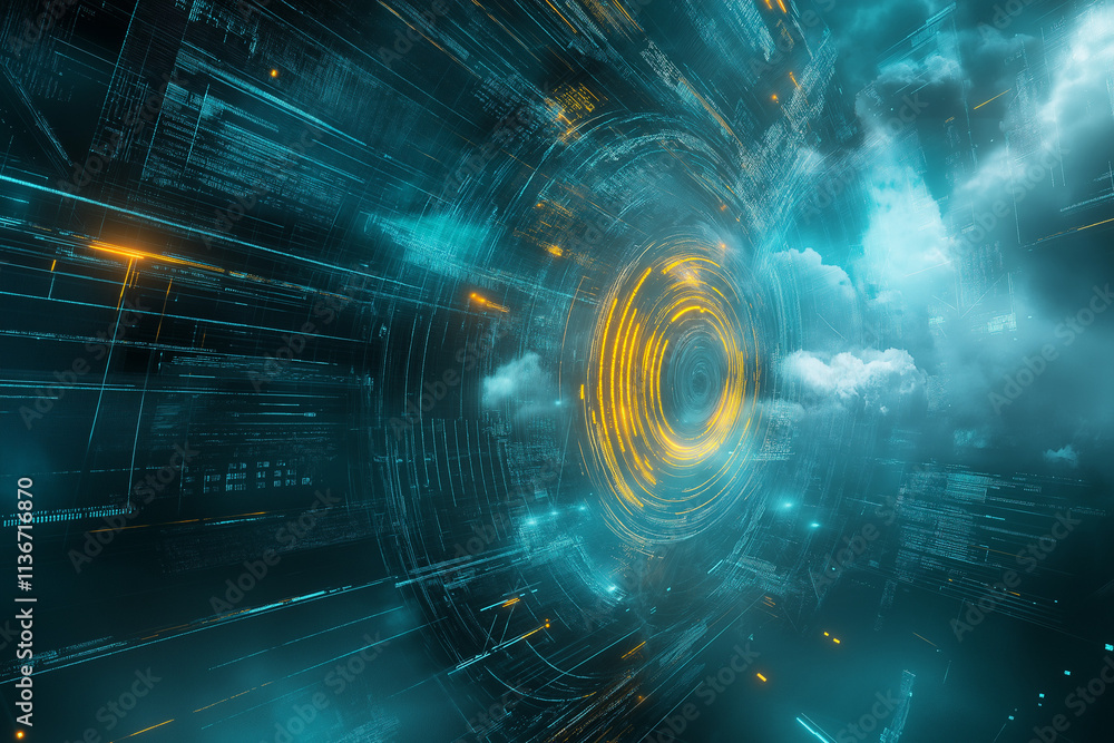 Poster digital cloud computing concept with glowing orange clouds on a futuristic circuit board background