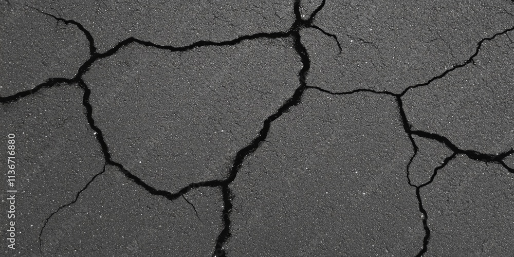 Poster cracked asphalt texture showing detailed patterns and varying shades of gray in an outdoor environme